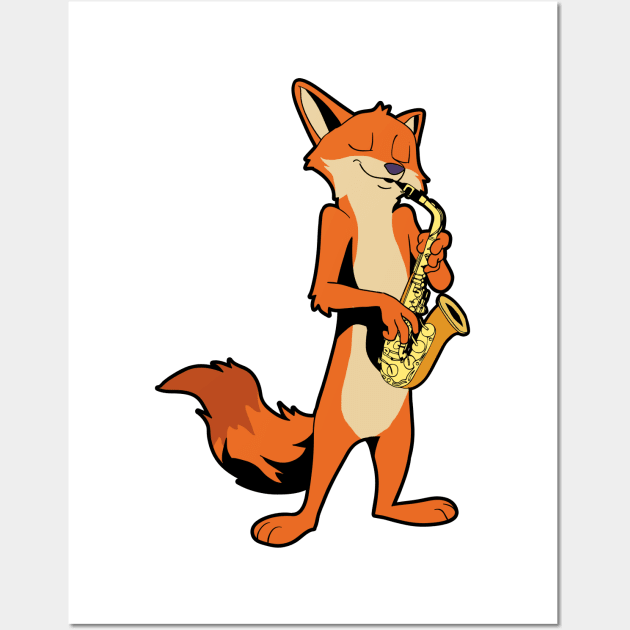 Comic fox playing saxophone Wall Art by Modern Medieval Design